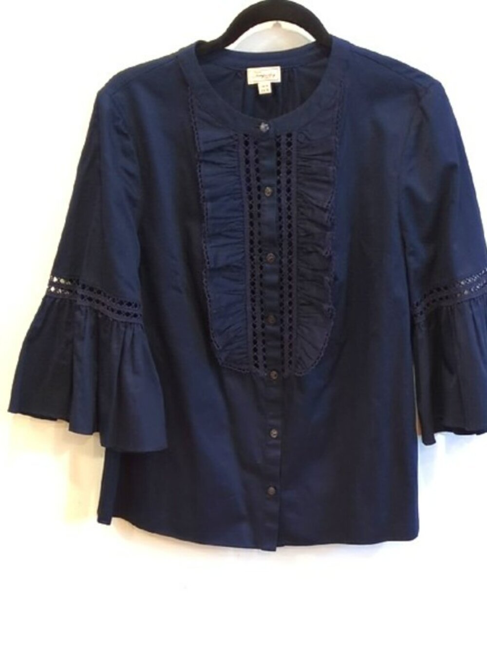 Temperley London Navy Cotton Trumpet Sleeve Blouse Preppy Luxe Minimalist Sz 10